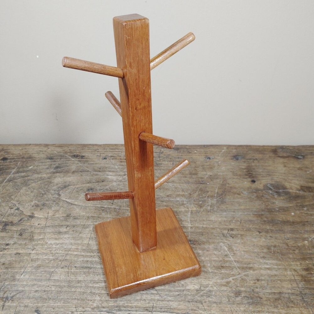 Vintage Wooden 6 Peg Coffee Mug Rack Tea Cup Holder Wood Tree Stand 14.5” Tall